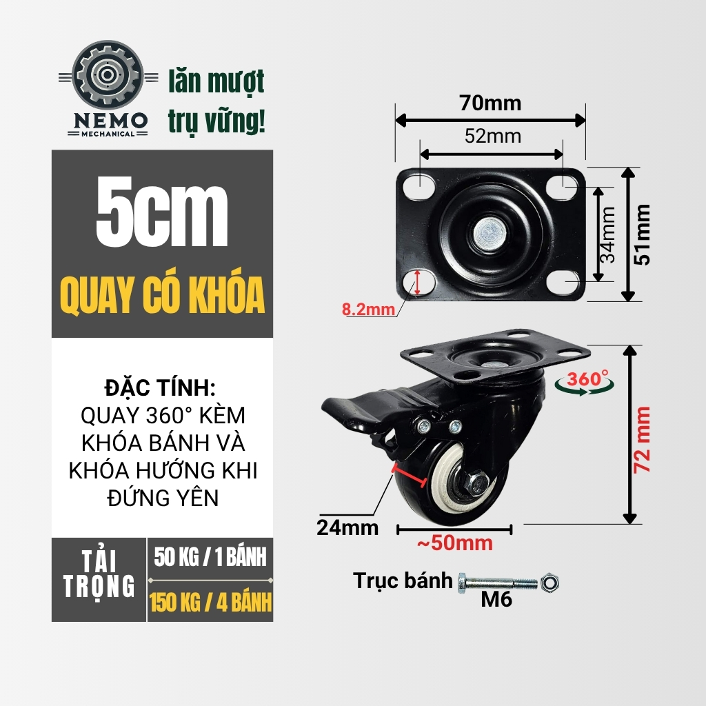 Bánh xe đẩy hàng đen trắng, mặt bích, có bạc đạn, đk bánh 4cm và 5cm, tải trọng 40-50kg/1bánh